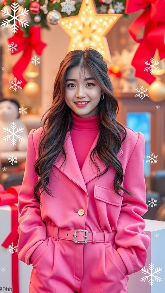 Yeri Yeri from Red Velvet in a pink Christmas-themed photocard, surrounded by festive decorations.